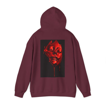 Burgundy Maroon hoodie flat lay with hood up, back view, featuring a red melting face graphic on the back, bold statement streetwear hoodie
