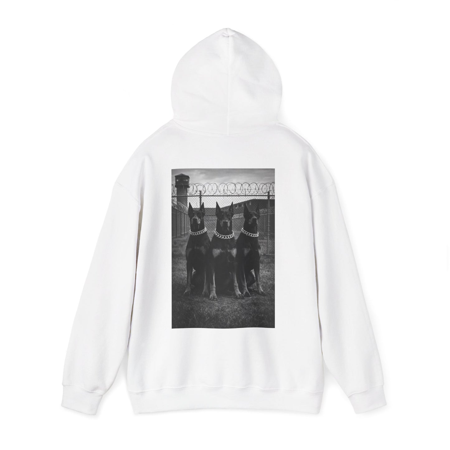 White oversized hoodie with doberman guard dog back graphic symbolizing vigilance discipline and personal power