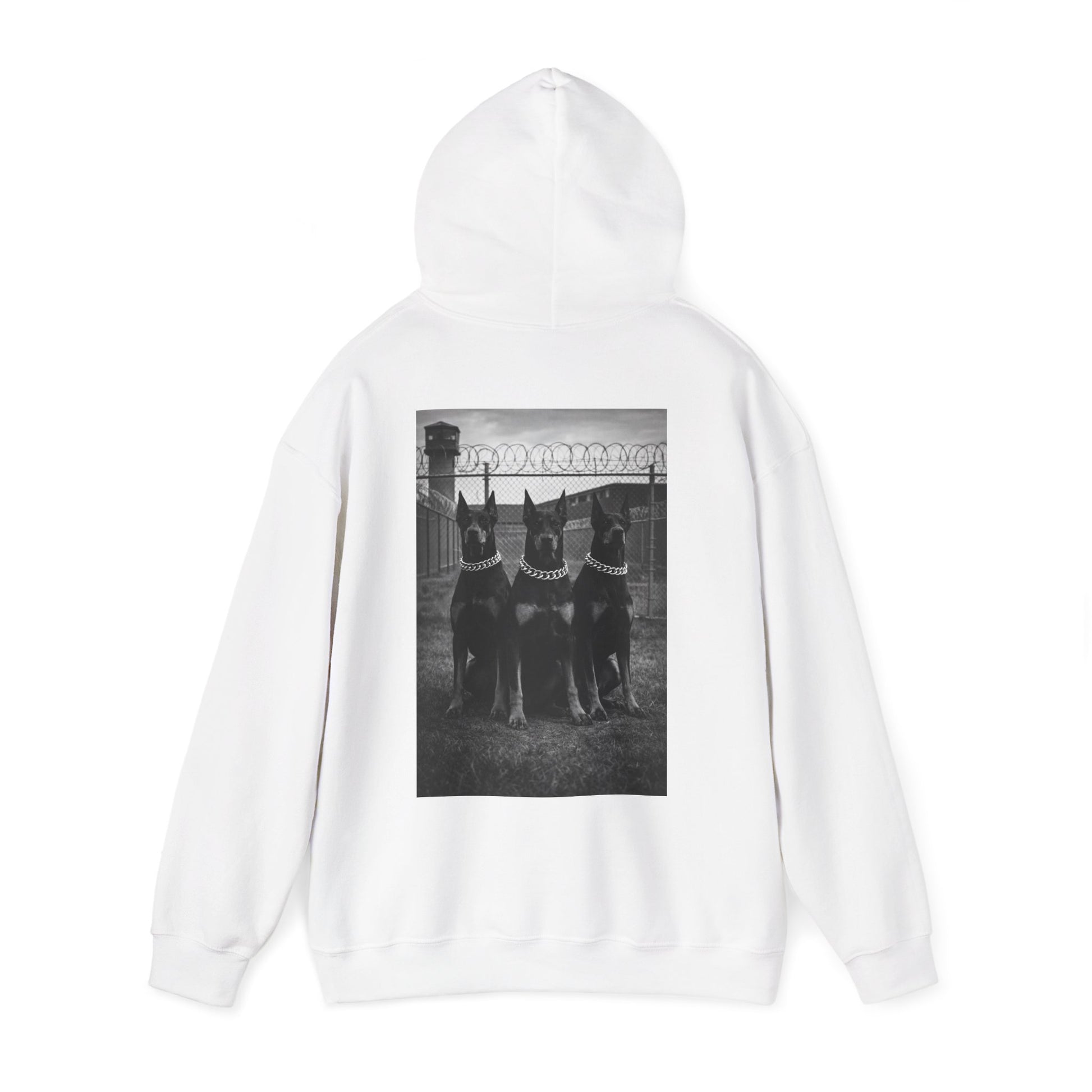White oversized hoodie with doberman guard dog back graphic symbolizing vigilance discipline and personal power