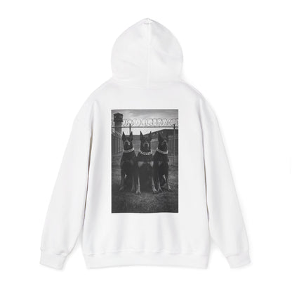 White oversized hoodie with doberman guard dog back graphic symbolizing vigilance discipline and personal power