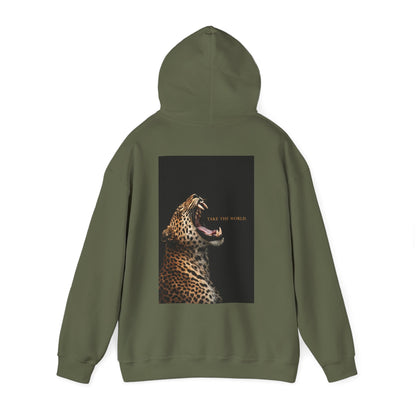 Military green hoodie featuring roaring leopard back graphic and Take the World slogan, unisex animal art streetwear hoodie with dark luxury aesthetic