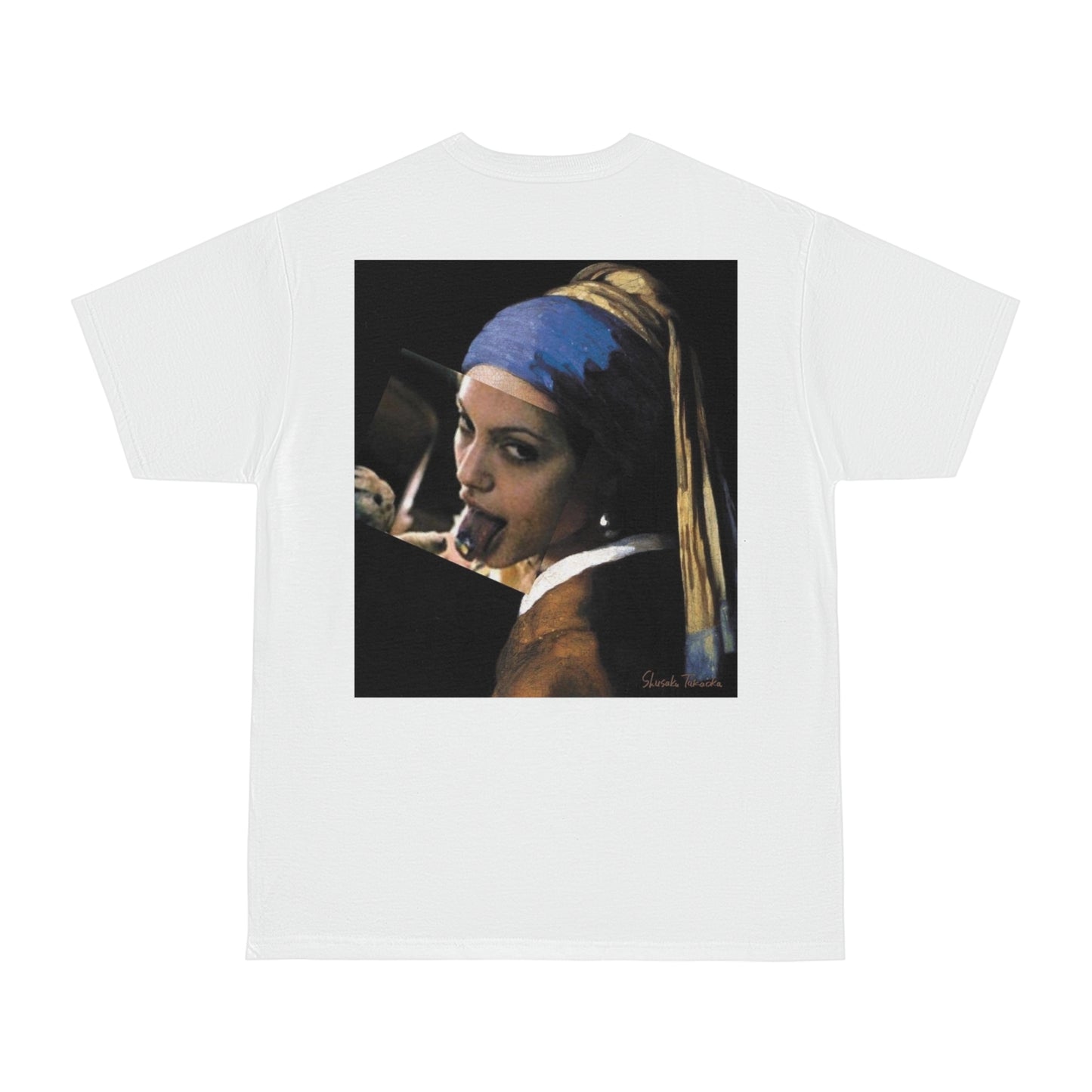 Classical girl with a pearl unfiltered collage back graphic t-shirt in white, unisex dark luxury statement tee featuring surreal classical art remix with clean minimalist front