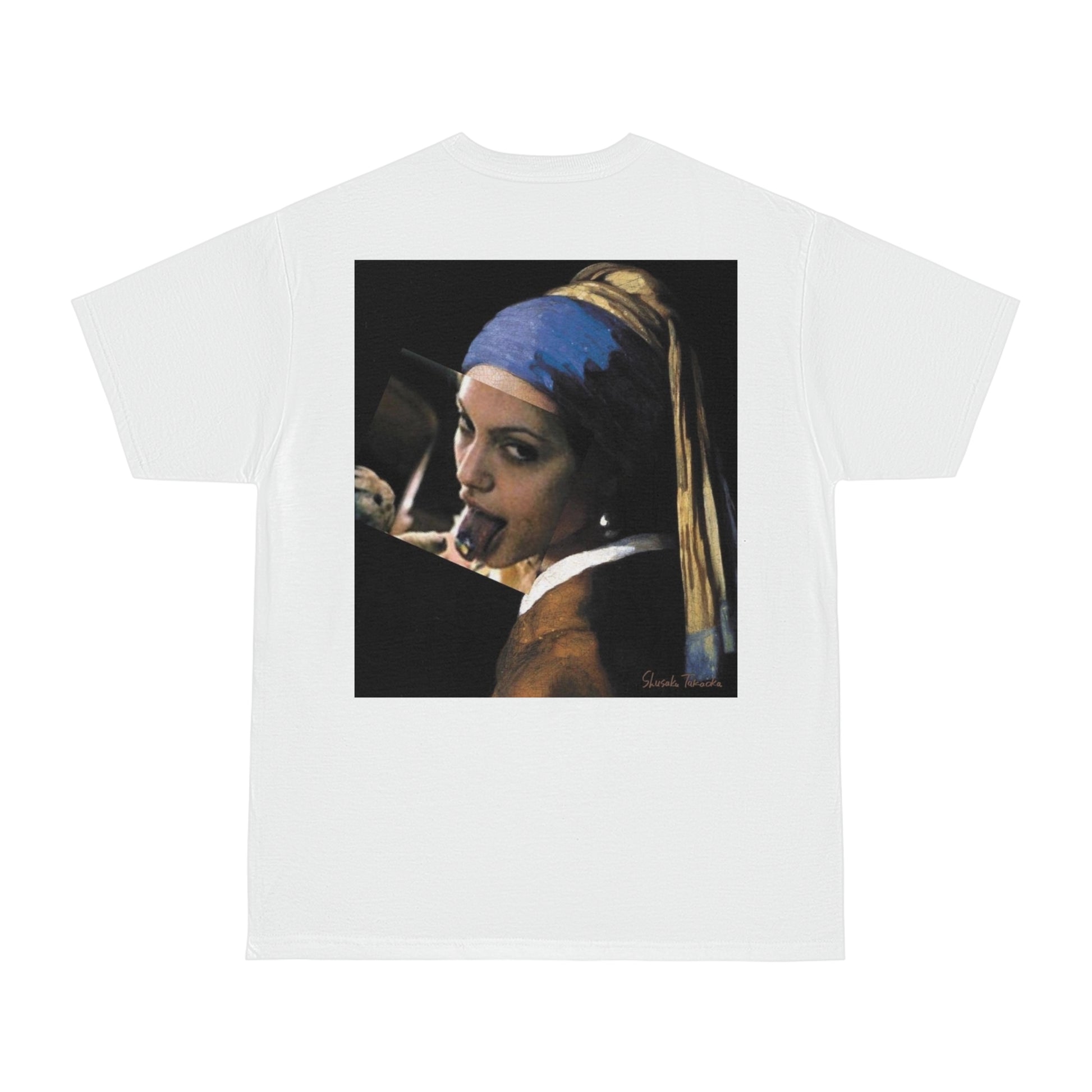 Classical girl with a pearl unfiltered collage back graphic t-shirt in white, unisex dark luxury statement tee featuring surreal classical art remix with clean minimalist front
