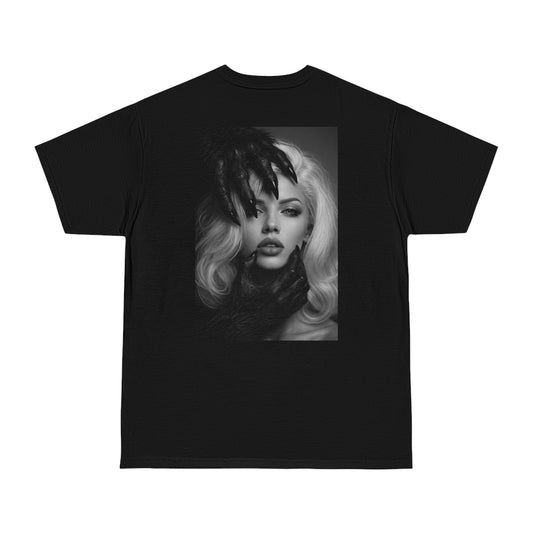 Black dark feminine back graphic t-shirt shown flat lay, unisex gothic portrait statement tee featuring dark feminine portrait artwork on the back with clean minimalist front design