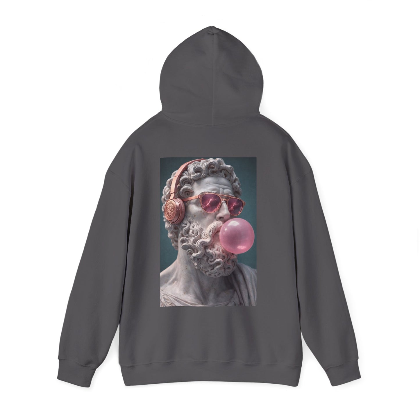 Classical Statue Headphones Bubblegum Back Graphic Hoodie – Dark Luxury Statement Hoodie