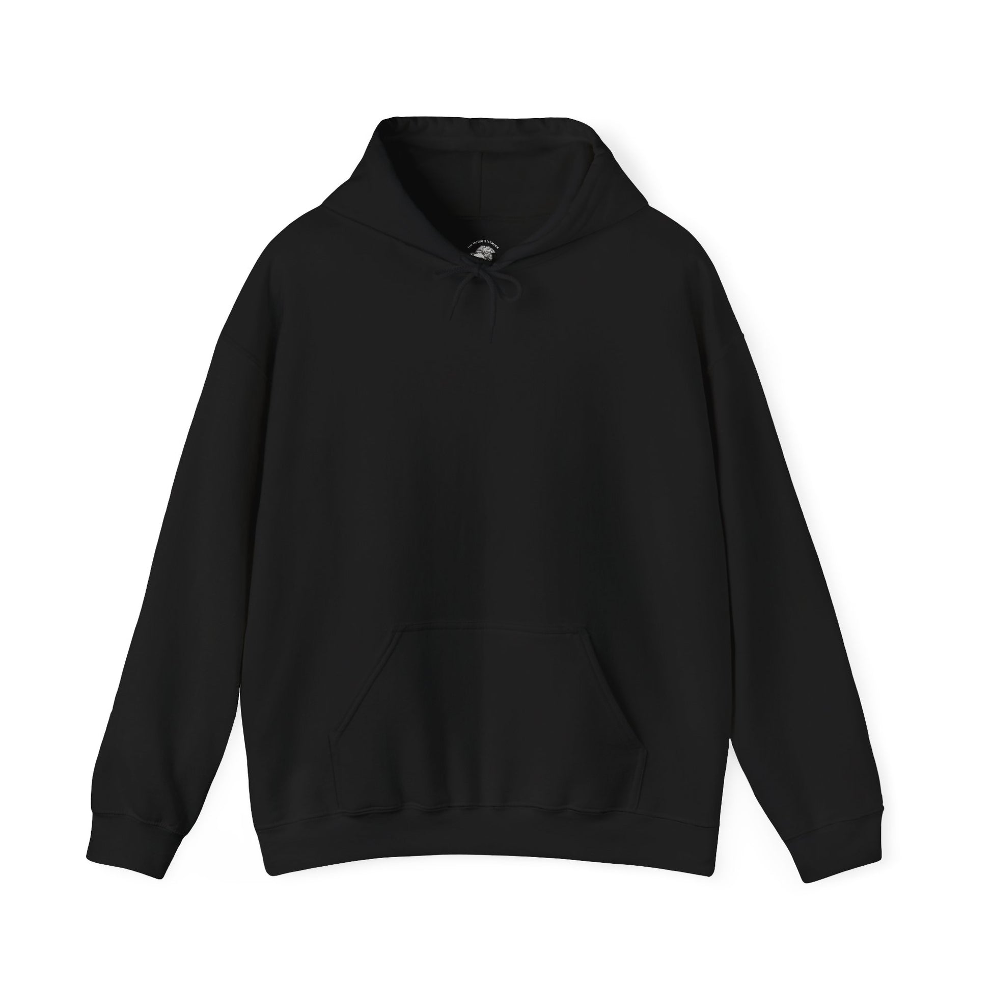 Black unisex pullover hoodie with clean minimalist front design, bold statement streetwear hoodie featuring solid black front with no graphics