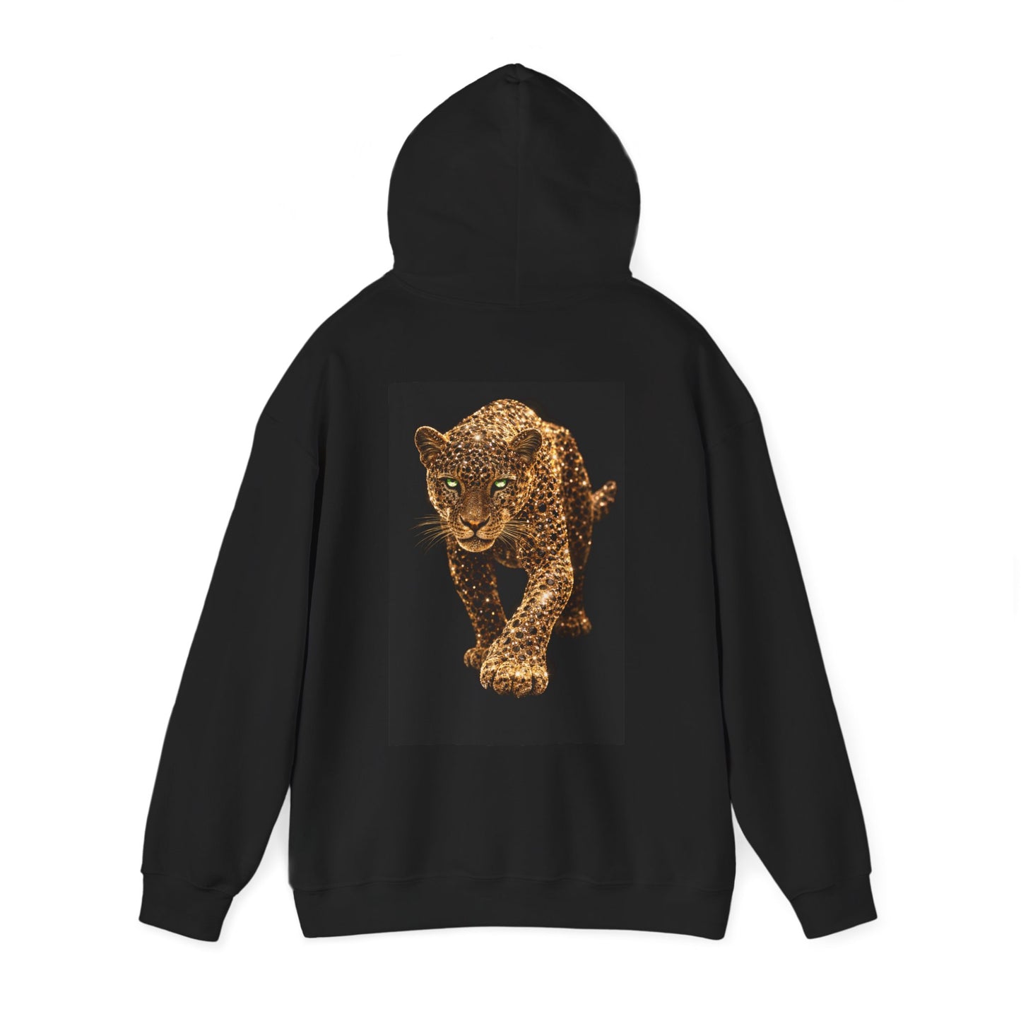 Black hooded sweatshirt with hood up featuring fierce leopard panther back graphic, motivational luxury streetwear hoodie representing strength, control, and personal power