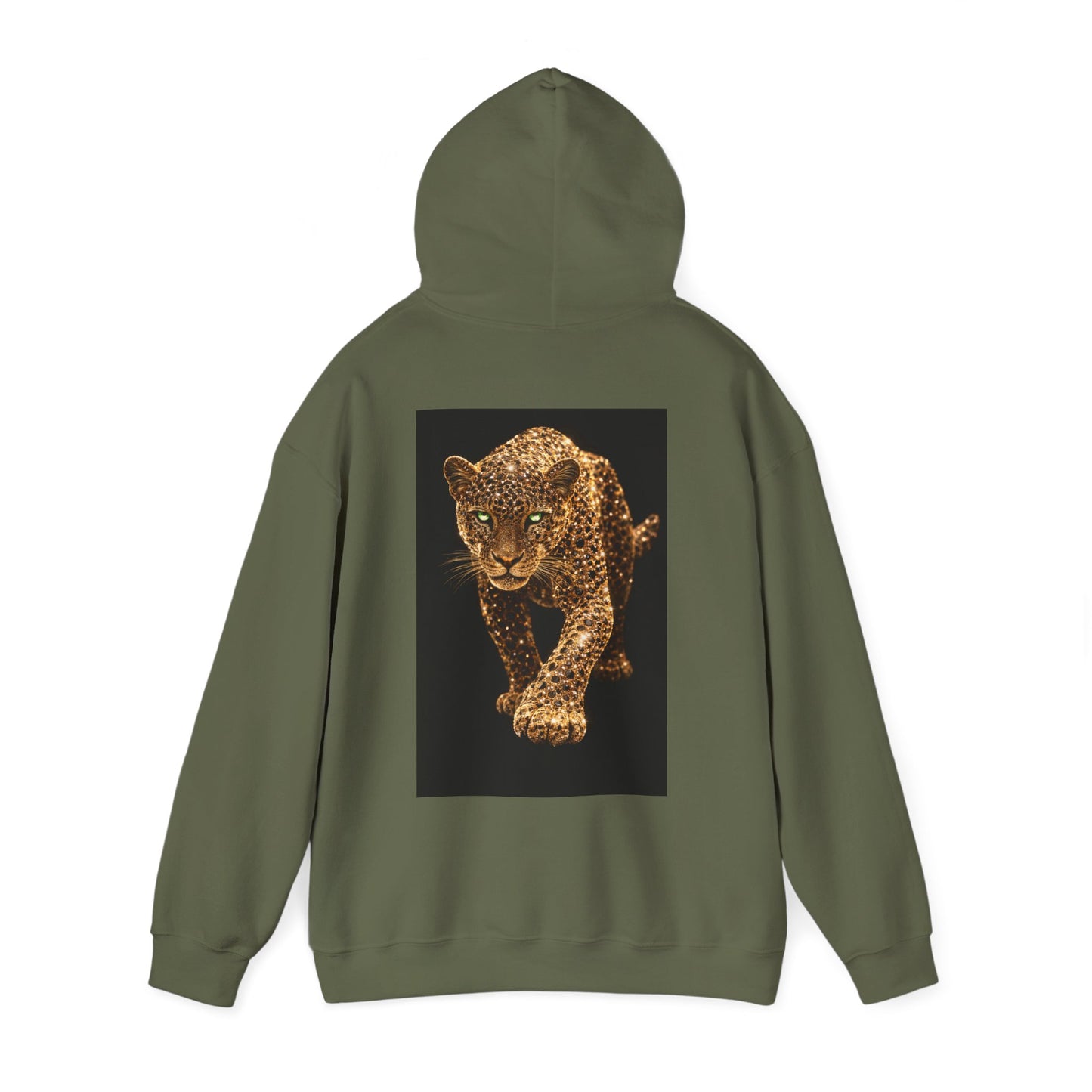 Army green hooded sweatshirt with hood up and fierce leopard panther graphic on back, motivational luxury streetwear hoodie symbolizing focus and mental toughness
