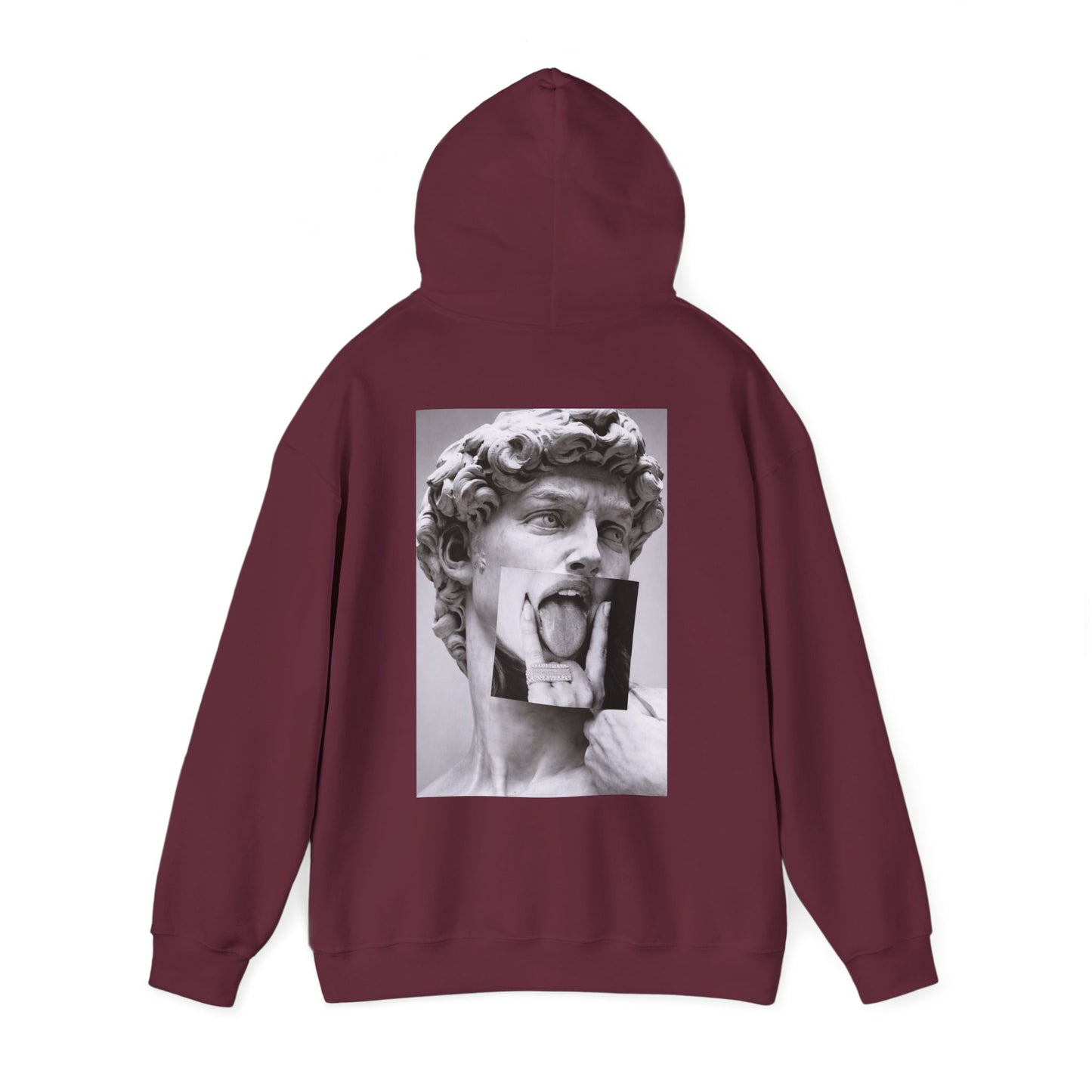 Burgundy Maroon unisex pullover hoodie with classical statue back graphic and modern photographic overlay, gothic fine art streetwear hoodie, dark aesthetic fashion hoodie, bold statement back artwork, minimalist front design