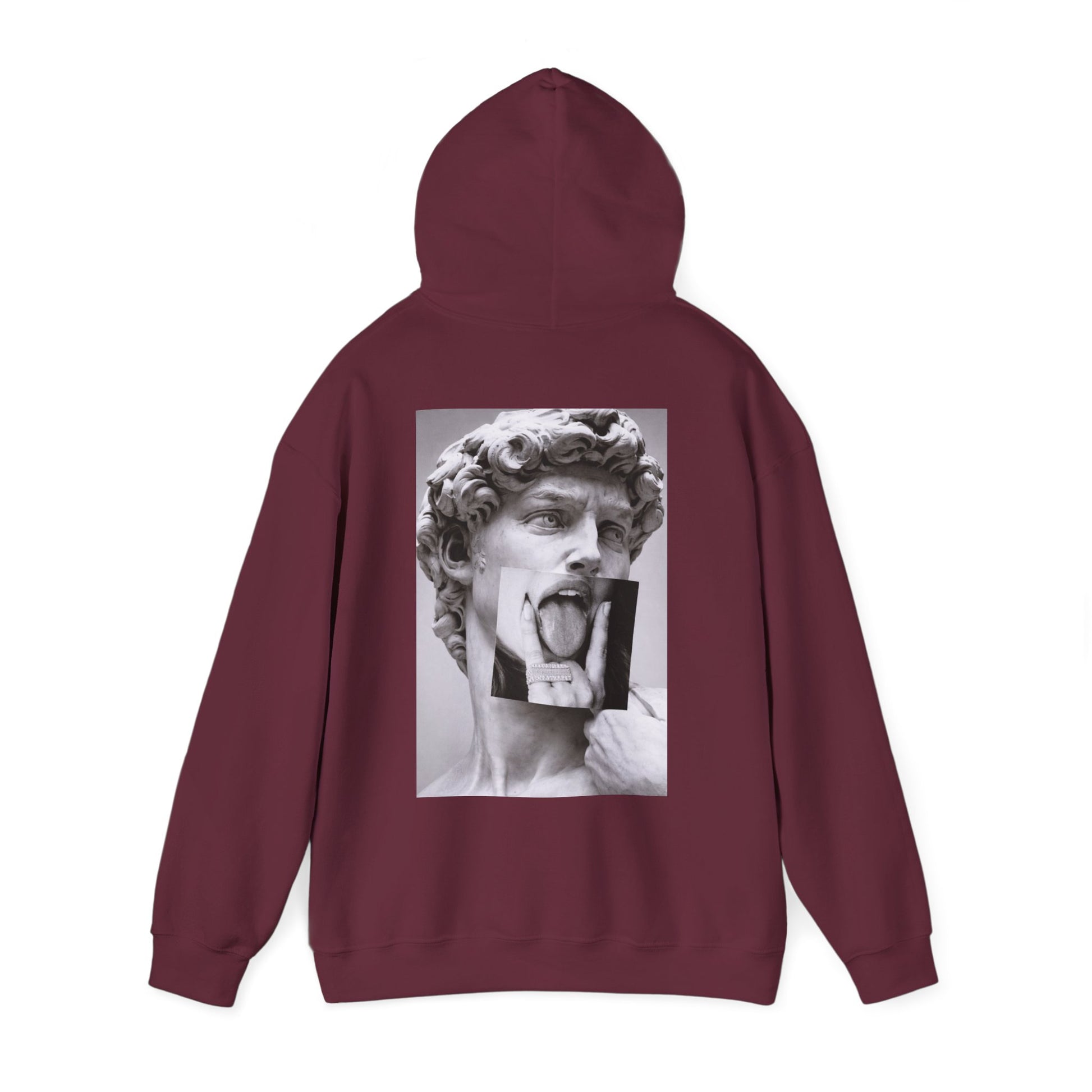 Burgundy Maroon unisex pullover hoodie with classical statue back graphic and modern photographic overlay, gothic fine art streetwear hoodie, dark aesthetic fashion hoodie, bold statement back artwork, minimalist front design