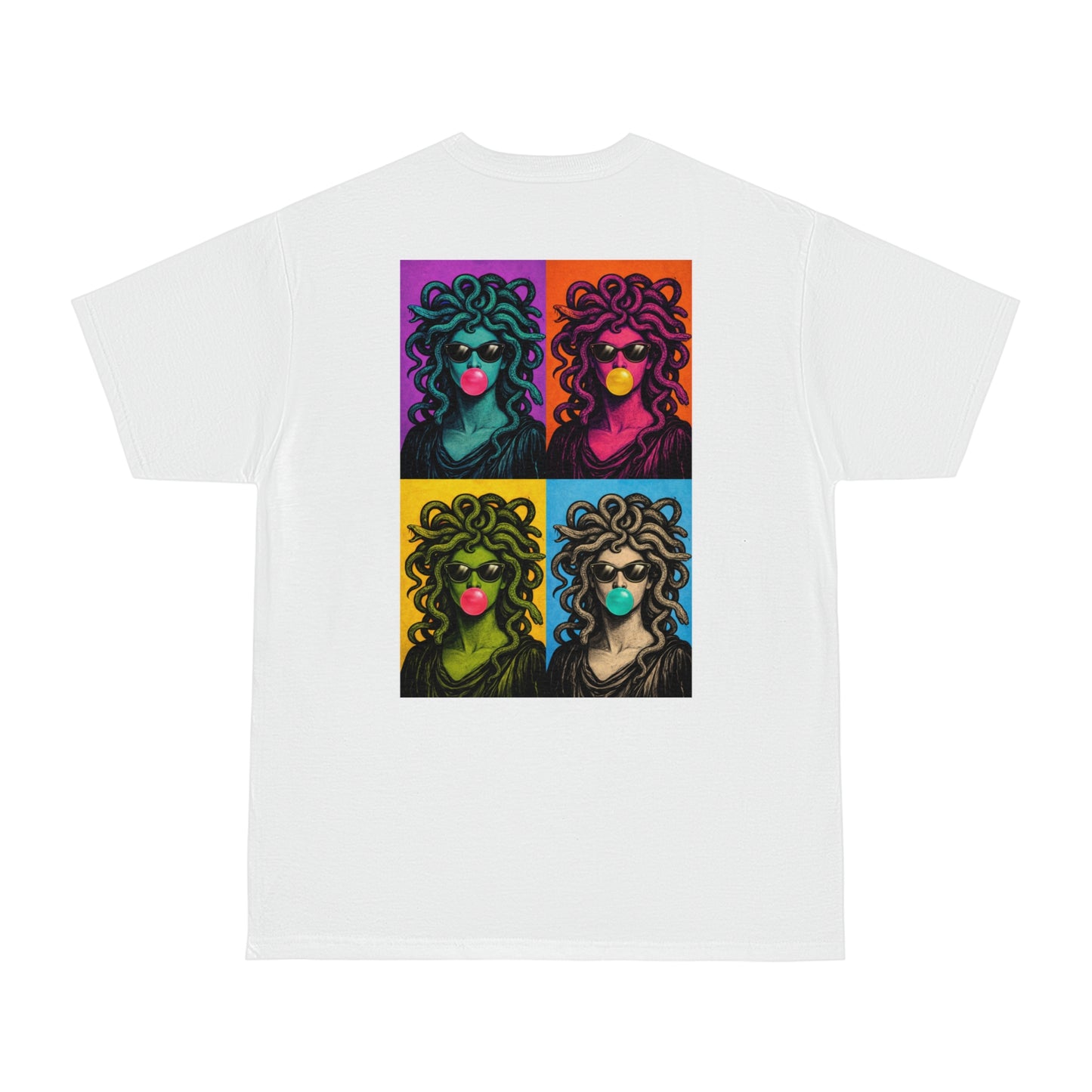 White pop art Medusa back graphic t-shirt showcasing colorful Medusa pop art design in modern statement streetwear style