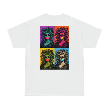 White pop art Medusa back graphic t-shirt showcasing colorful Medusa pop art design in modern statement streetwear style