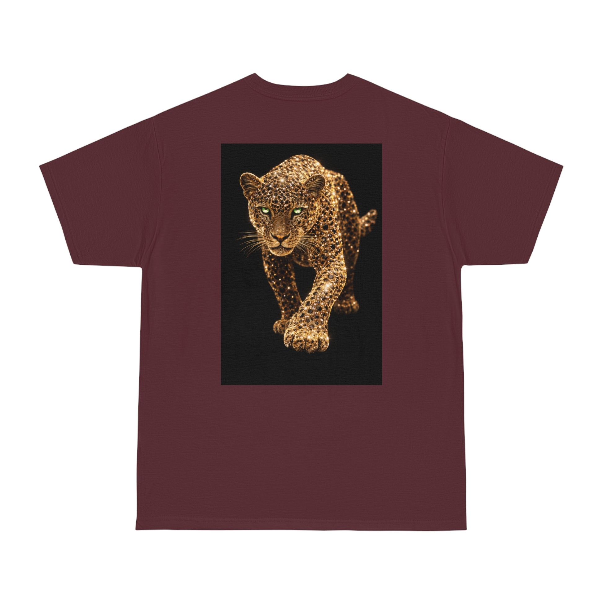 Burgundy Maroon t-shirt featuring gold leopard back graphic, luxury animal statement tee with bold metallic leopard artwork and minimal front design