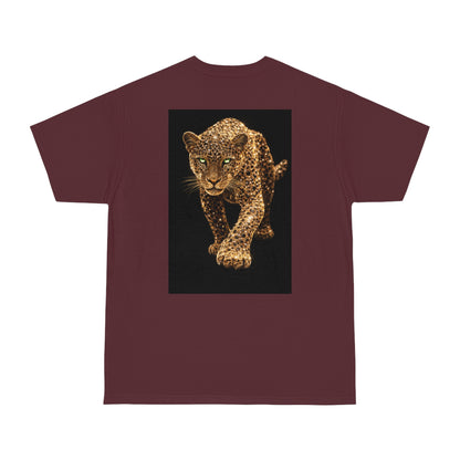 Burgundy Maroon t-shirt featuring gold leopard back graphic, luxury animal statement tee with bold metallic leopard artwork and minimal front design