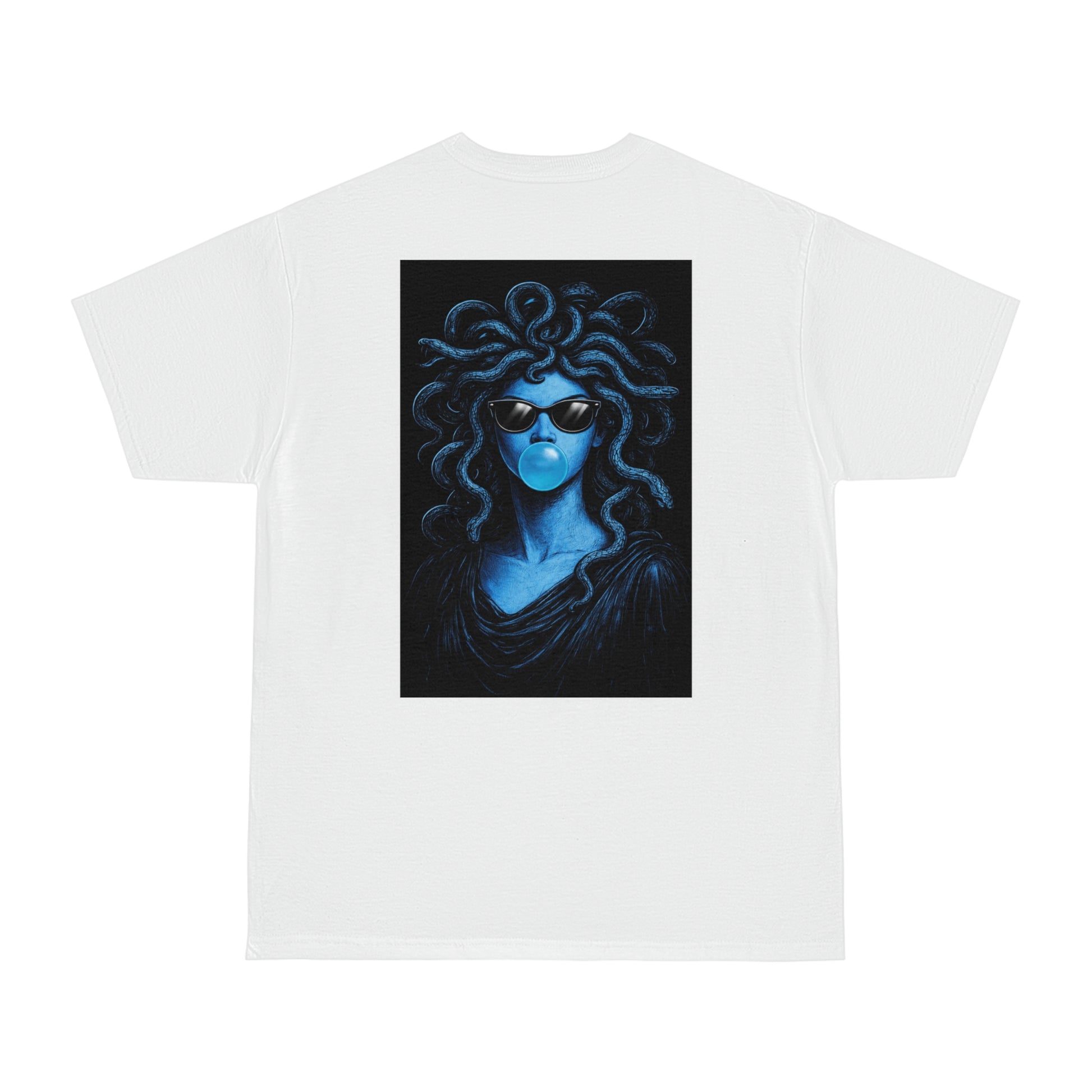 Blue medusa bubblegum back graphic t-shirt in white flat lay back view, unisex dark luxury statement tee featuring blue medusa-inspired artwork blowing bubblegum with minimalist front and bold back print