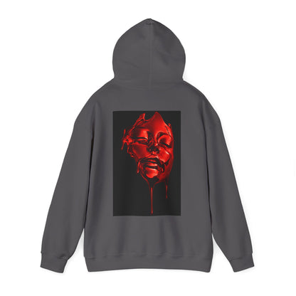 Black hoodie flat lay with hood up, back view, showcasing a red dripping sculptural face graphic on the back, modern dark statement hoodie