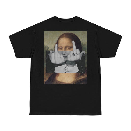 Mona Lisa middle finger back graphic t-shirt in black, dark luxury statement tee featuring surreal Mona Lisa collage flipping double middle fingers, unisex streetwear t-shirt with clean front and bold back design