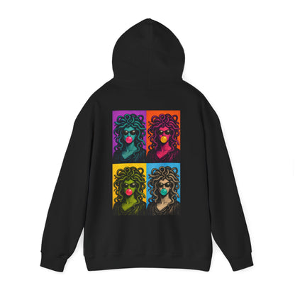 Black pop art Medusa back graphic hoodie shown flat lay, unisex bold statement hoodie featuring pop art Medusa collage artwork printed on the back with clean minimalist front