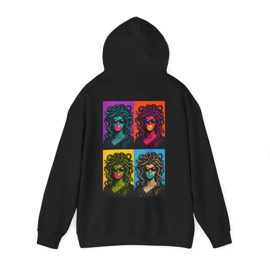Black pop art Medusa back graphic hoodie shown flat lay, unisex bold statement hoodie featuring pop art Medusa collage artwork printed on the back with clean minimalist front