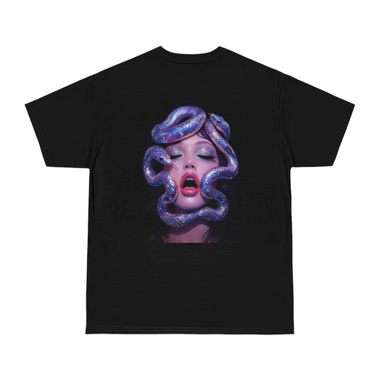 Black surreal serpent glamour back graphic t-shirt shown from the back, unisex dark luxury statement tee featuring bold modern portrait entwined with iridescent snakes