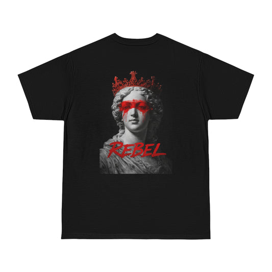 Rebel classical statue red paint back graphic t-shirt in black and charcoal gray, unisex dark luxury statement tee featuring crowned marble sculpture with red paint across the eyes and “REBEL” text
