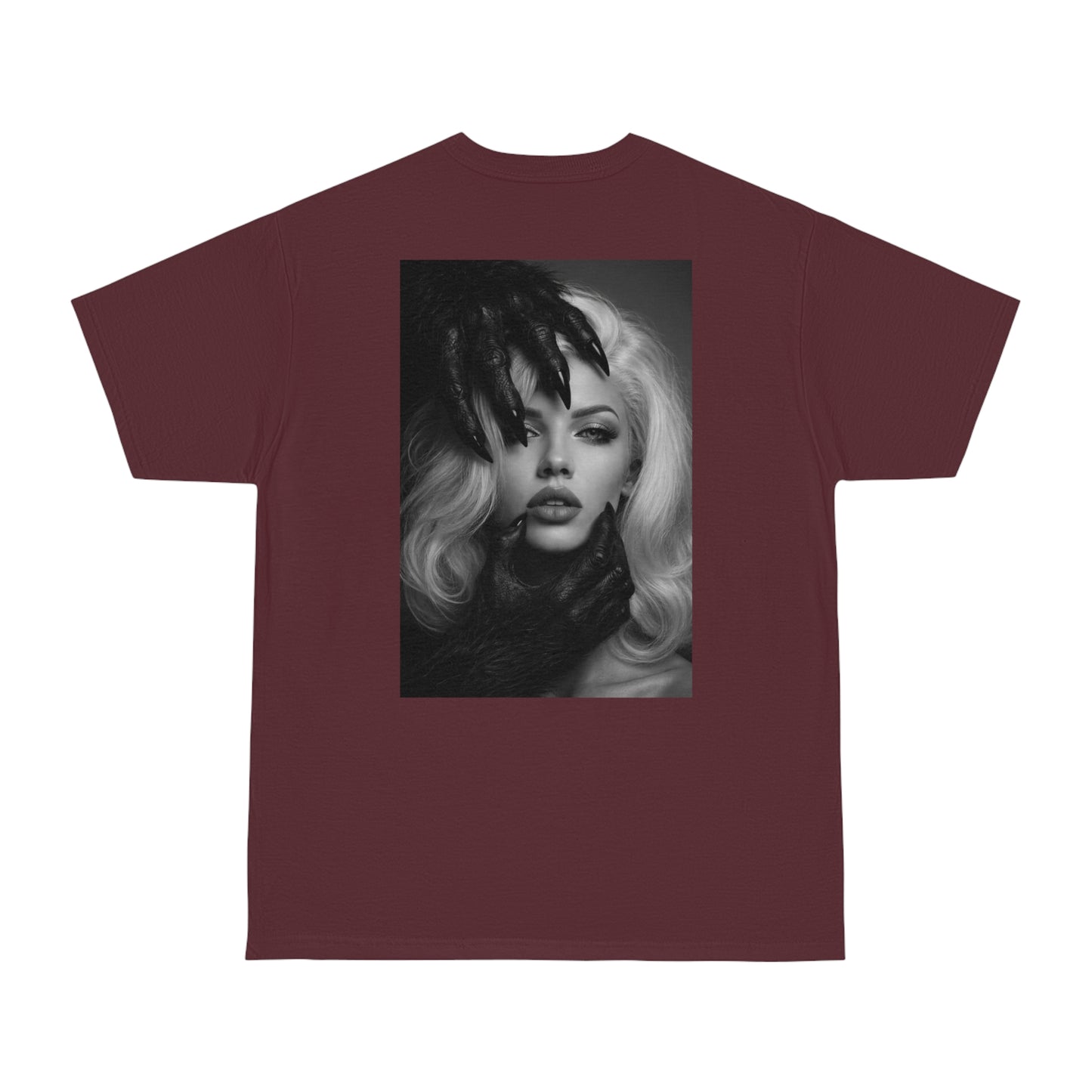 Burgundy maroon dark feminine back graphic t-shirt shown flat lay, unisex gothic luxury statement tee featuring dark feminine portrait artwork on the back with bold modern aesthetic