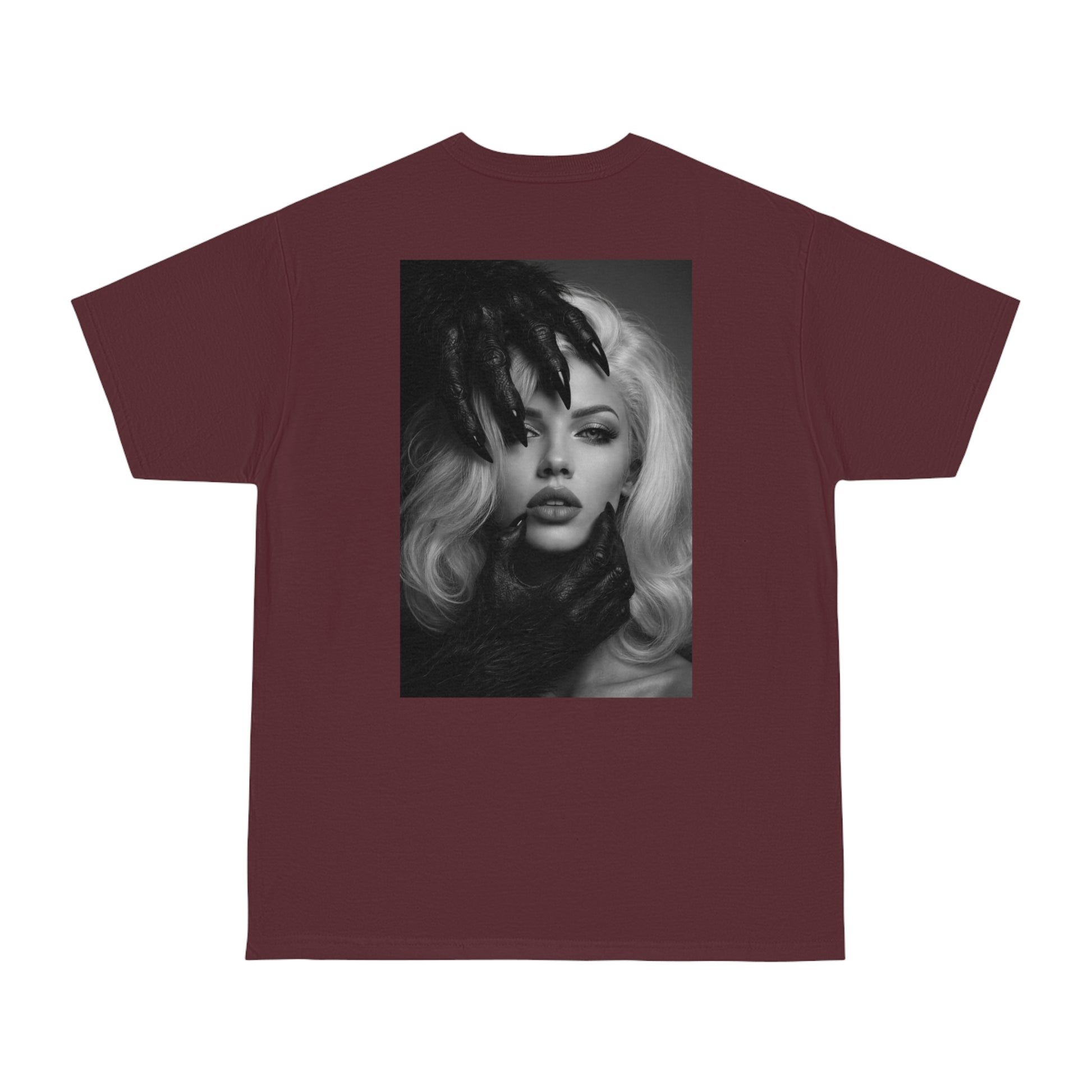Burgundy maroon dark feminine back graphic t-shirt shown flat lay, unisex gothic luxury statement tee featuring dark feminine portrait artwork on the back with bold modern aesthetic
