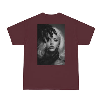 Burgundy maroon dark feminine back graphic t-shirt shown flat lay, unisex gothic luxury statement tee featuring dark feminine portrait artwork on the back with bold modern aesthetic