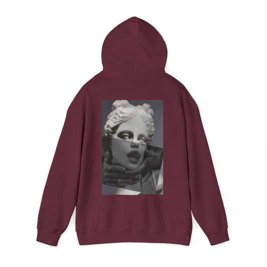 Burgundy Maroon surreal statue back graphic hoodie with hood up, unisex modern streetwear hoodie featuring surreal classical statue collage back artwork and premium heavyweight fabric