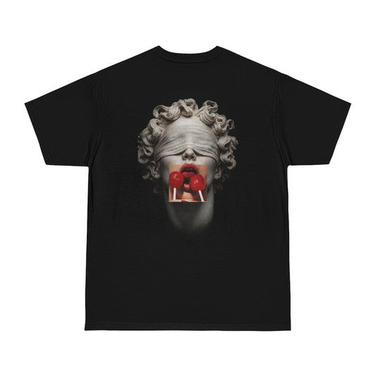 Blindfolded classical statue back graphic t-shirt in black, dark luxury streetwear tee featuring marble bust with red lollipops and surreal modern art design