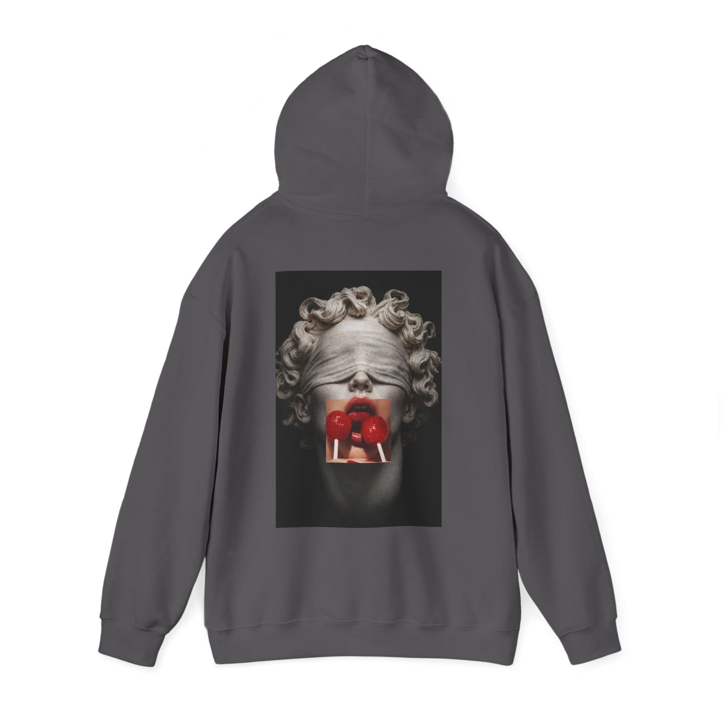 Charcoal gray hoodie with blindfolded marble statue back graphic, surreal classical sculpture with red candy lips, modern dark luxury hoodie