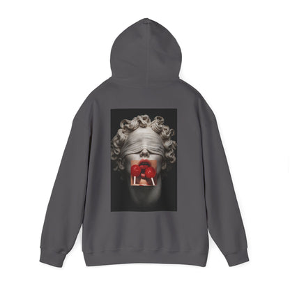 Charcoal gray hoodie with blindfolded marble statue back graphic, surreal classical sculpture with red candy lips, modern dark luxury hoodie