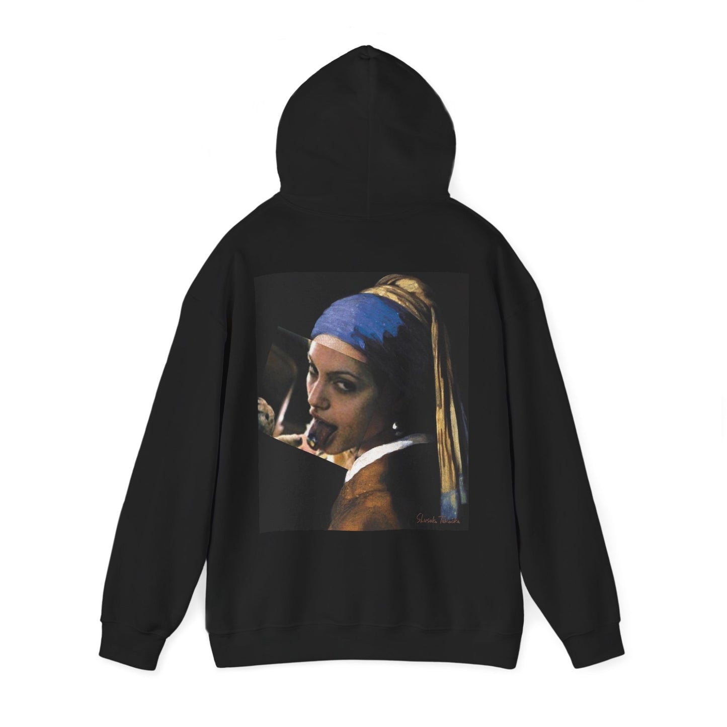 Black Classical Girl with a Pearl unfiltered collage back graphic hoodie shown flat lay with hood up, dark luxury statement hoodie featuring layered classical portrait remix artwork on the back, unisex pullover streetwear hoodie with clean minimalist front