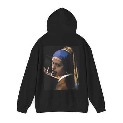 Black Classical Girl with a Pearl unfiltered collage back graphic hoodie shown flat lay with hood up, dark luxury statement hoodie featuring layered classical portrait remix artwork on the back, unisex pullover streetwear hoodie with clean minimalist front