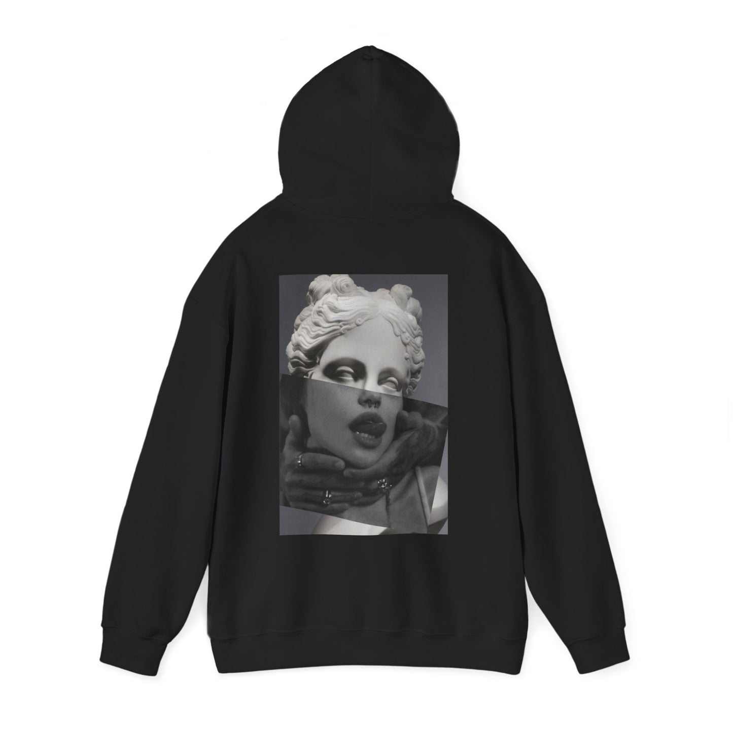 Black surreal statue back graphic hoodie with hood up, unisex premium streetwear hoodie featuring surreal classical statue collage back artwork and dark luxury aesthetic