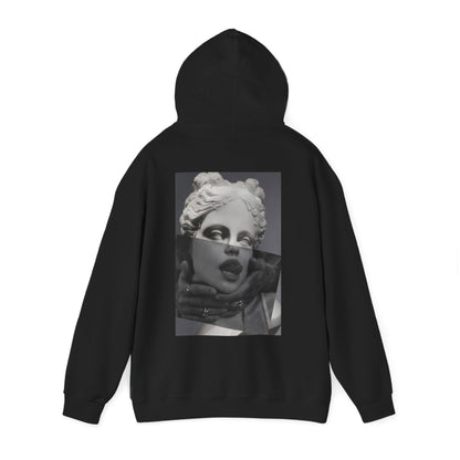 Black surreal statue back graphic hoodie with hood up, unisex premium streetwear hoodie featuring surreal classical statue collage back artwork and dark luxury aesthetic
