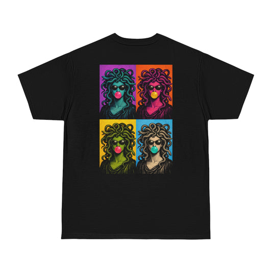 Pop art Medusa back graphic t-shirt featuring bold Medusa pop art illustration with sunglasses and bubblegum in modern streetwear style