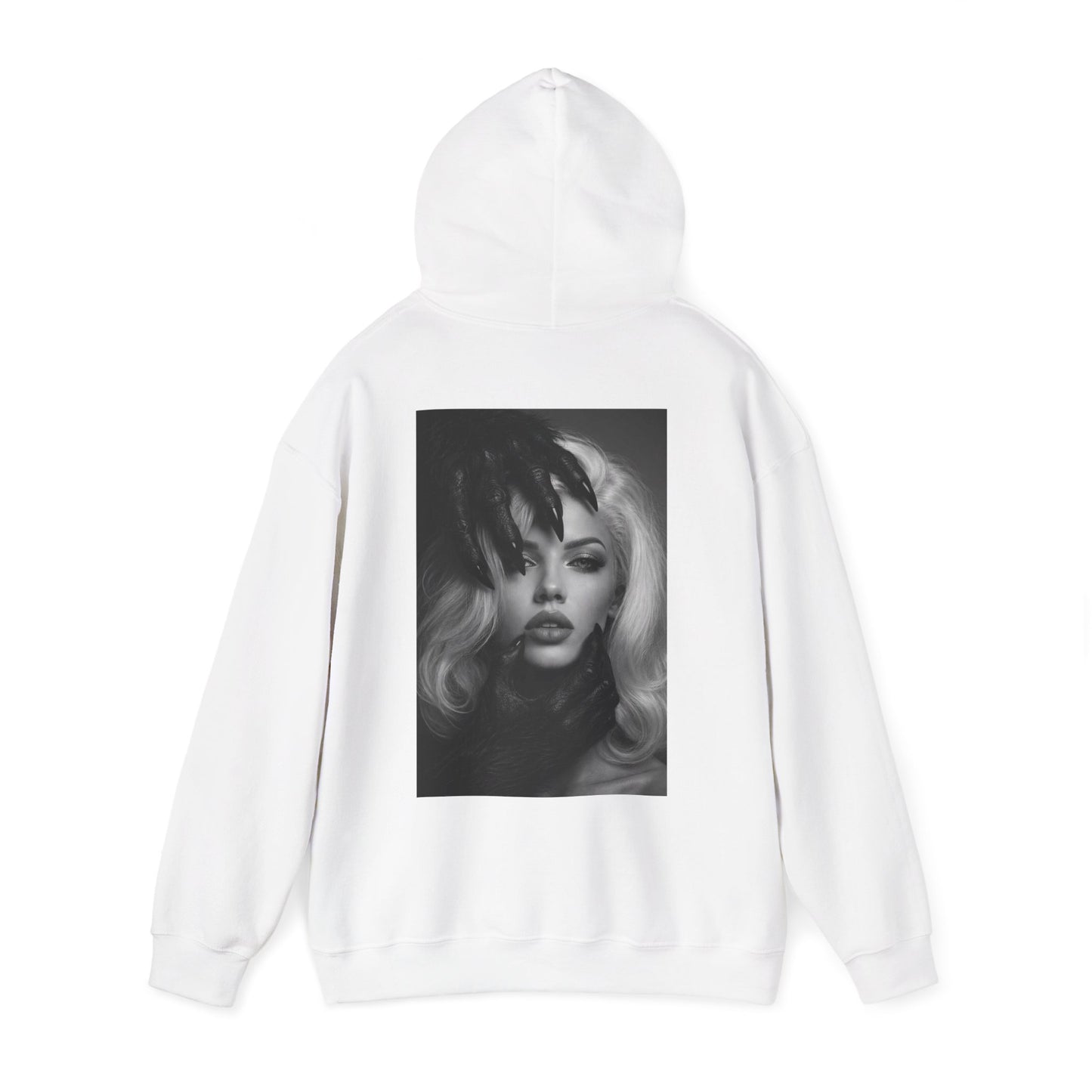 White dark feminine back graphic hoodie shown flat lay, unisex gothic portrait statement hoodie featuring dark feminine portrait artwork on the back with clean front design