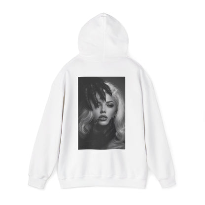 White dark feminine back graphic hoodie shown flat lay, unisex gothic portrait statement hoodie featuring dark feminine portrait artwork on the back with clean front design