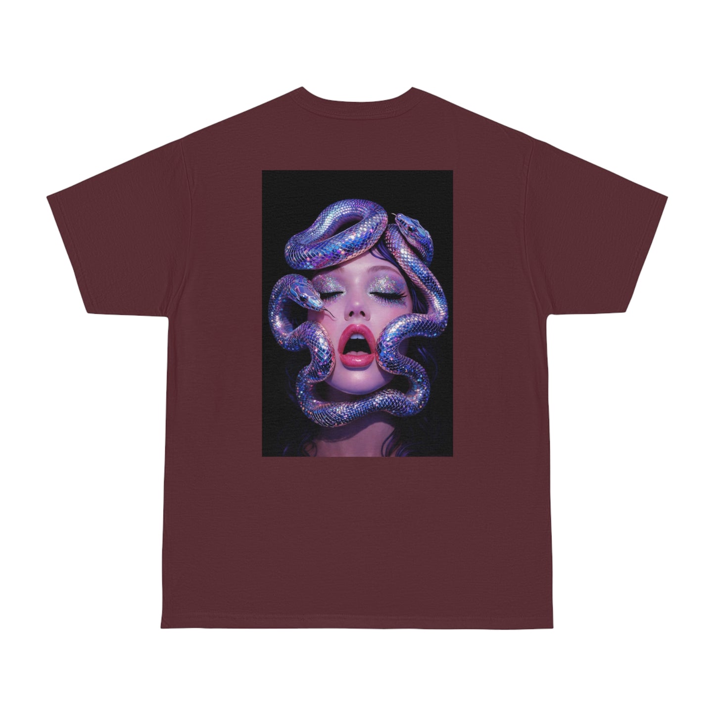 Burgundy maroon surreal serpent glamour back graphic t-shirt featuring a modern portrait entwined with iridescent snakes, dark luxury statement tee with bold back artwork