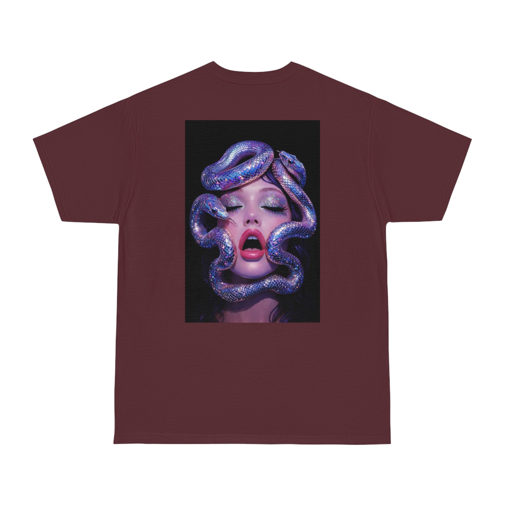 Burgundy maroon surreal serpent glamour back graphic t-shirt featuring a modern portrait entwined with iridescent snakes, dark luxury statement tee with bold back artwork