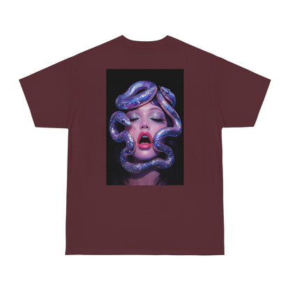 Burgundy maroon surreal serpent glamour back graphic t-shirt featuring a modern portrait entwined with iridescent snakes, dark luxury statement tee with bold back artwork