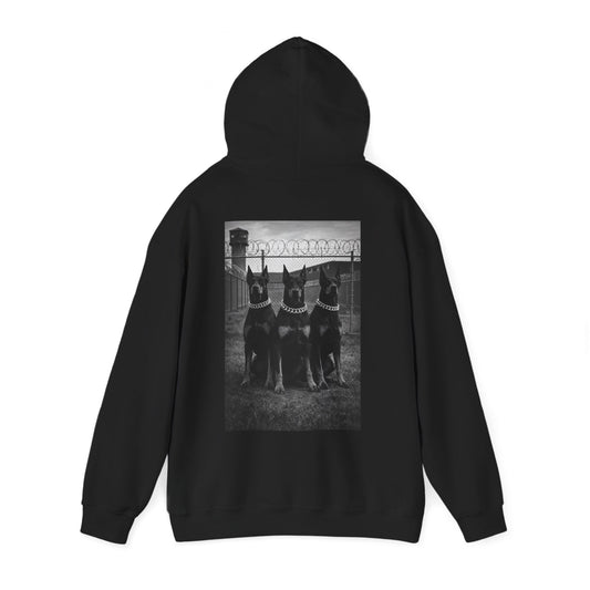 Doberman guard dog motivational hoodie with powerful back graphic symbolizing discipline strength loyalty and self mastery