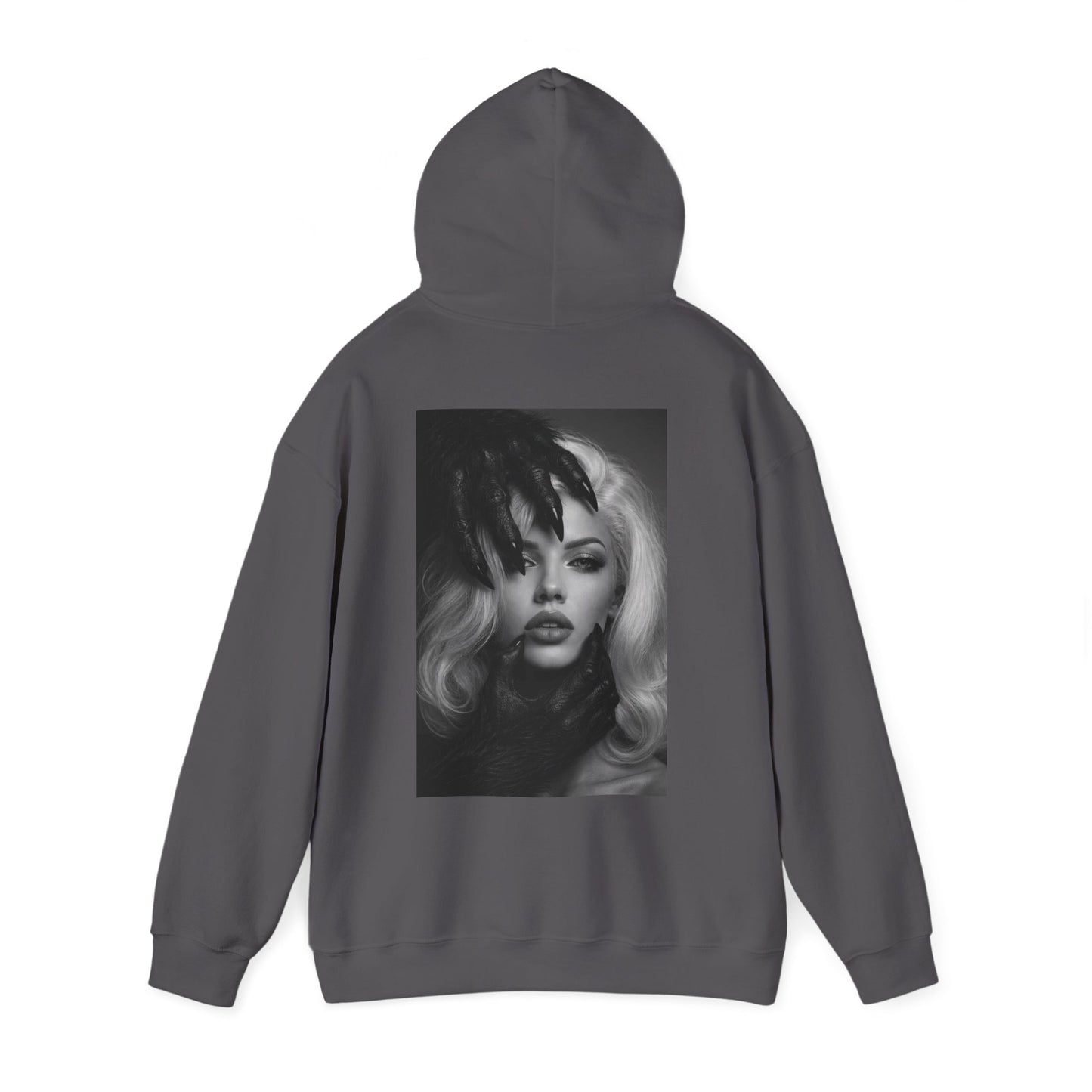 Charcoal gray dark feminine back graphic hoodie shown flat lay, unisex gothic portrait statement hoodie featuring dark feminine portrait artwork on the back with modern dark aesthetic