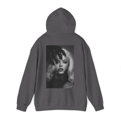 Charcoal gray dark feminine back graphic hoodie shown flat lay, unisex gothic portrait statement hoodie featuring dark feminine portrait artwork on the back with modern dark aesthetic