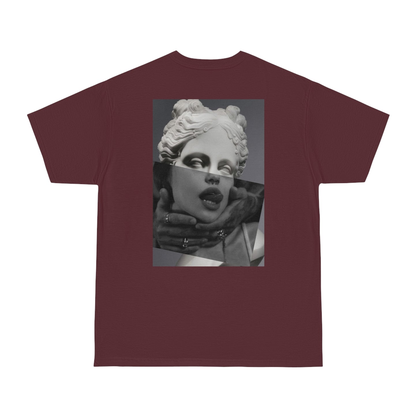 Surreal statue back graphic t-shirt flat lay in burgundy maroon, dark luxury statement tee featuring classical statue with modern surreal collage elements, unisex streetwear t-shirt with bold back artwork