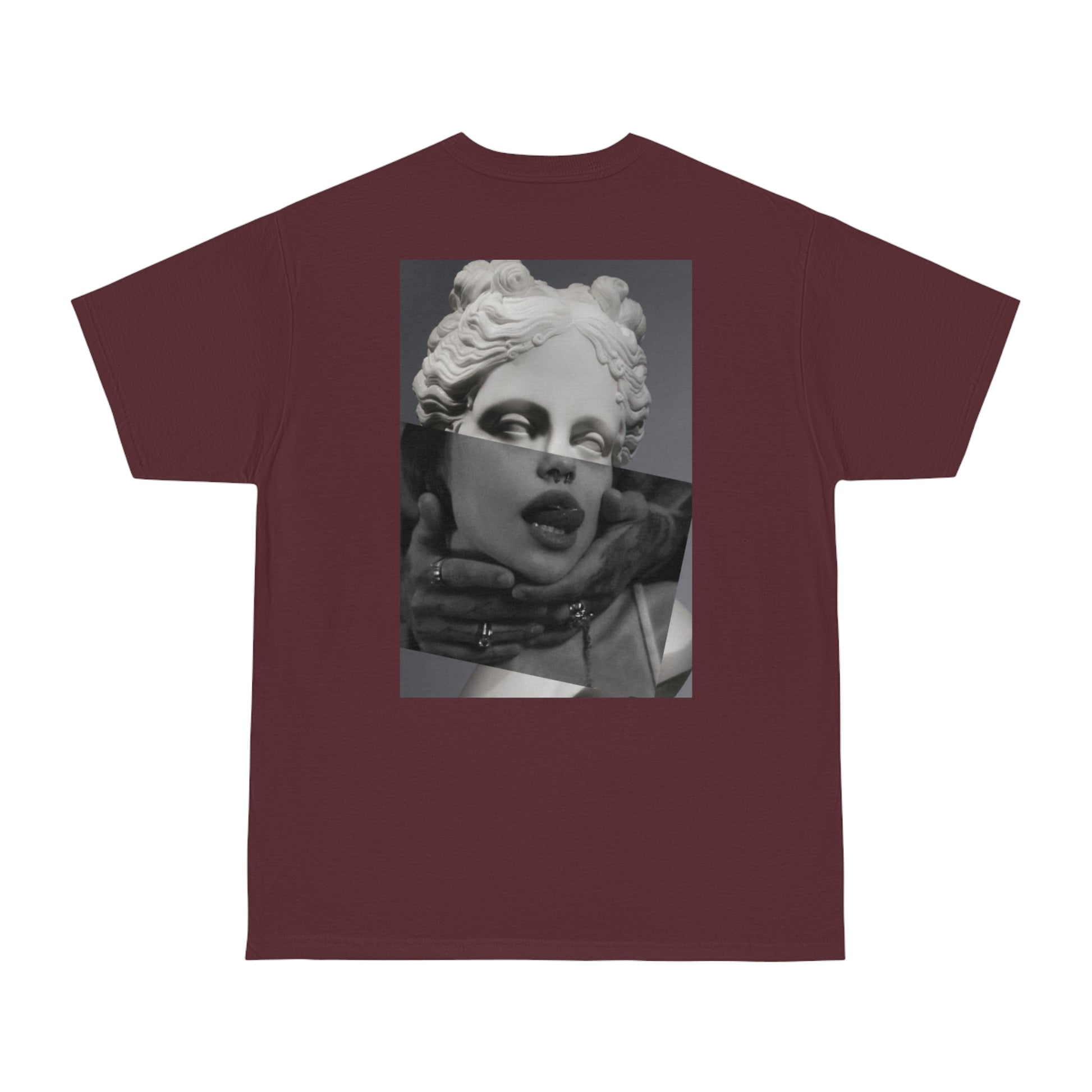 Surreal statue back graphic t-shirt flat lay in burgundy maroon, dark luxury statement tee featuring classical statue with modern surreal collage elements, unisex streetwear t-shirt with bold back artwork