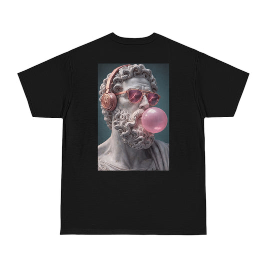 Classical statue headphones bubblegum back graphic t-shirt in black, dark luxury surreal statement tee featuring marble sculpture wearing headphones and blowing pink bubblegum, unisex streetwear t-shirt with clean front and bold back design