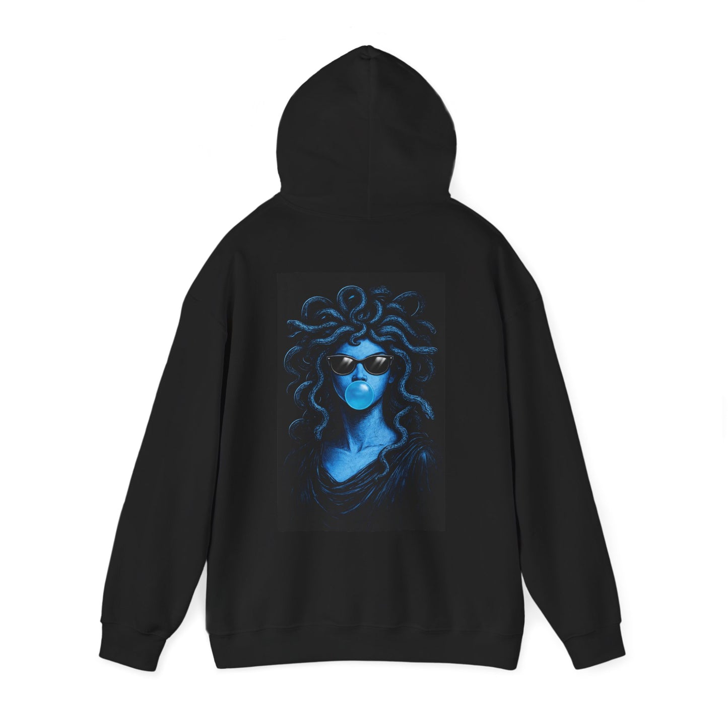 Black blue medusa bubblegum back graphic hoodie flat lay with hood up, dark luxury statement hoodie featuring blue Medusa artwork with sunglasses and bubblegum, unisex pullover hoodie with clean front and bold back design