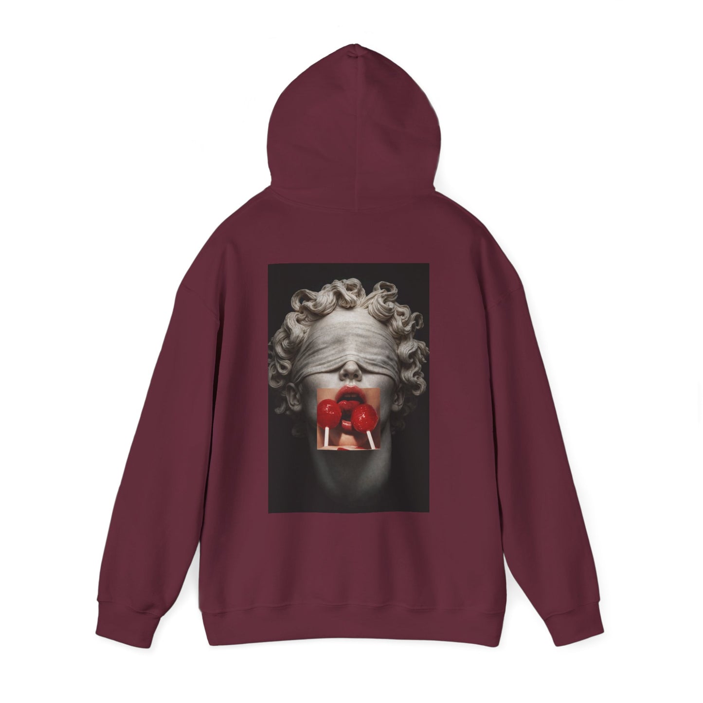 Burgundy maroon hoodie with blindfolded classical statue back graphic, surreal marble sculpture with red lollipops, dark luxury fashion hoodie